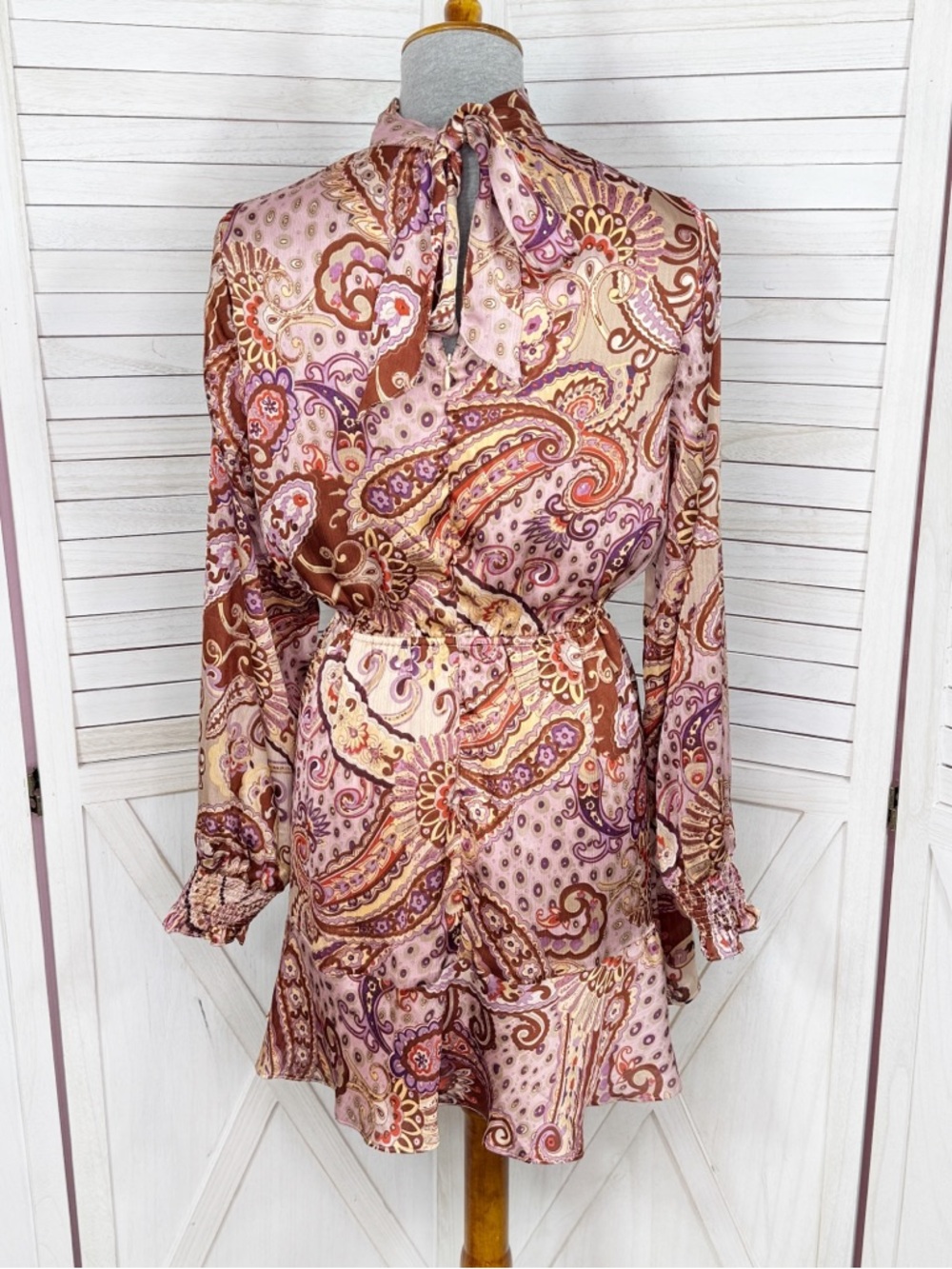 Fate Paisley Boho Print Satin High Neck Mini Dress Medium Long Sleeve Festival - Picture 4 of 13